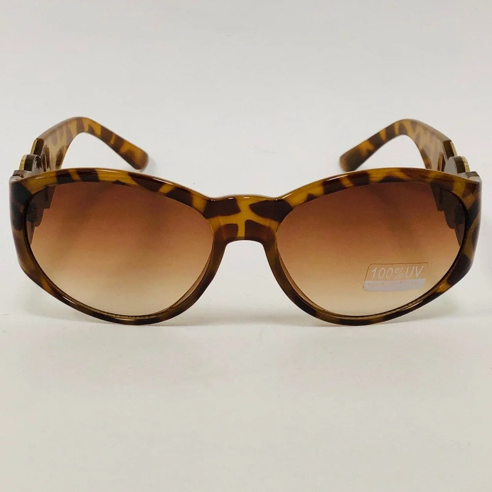BROWN TORTOISE GOLD LION HEAD MEDALLION SQUARE SUNGLASSES RETRO DESIGNER FASHION